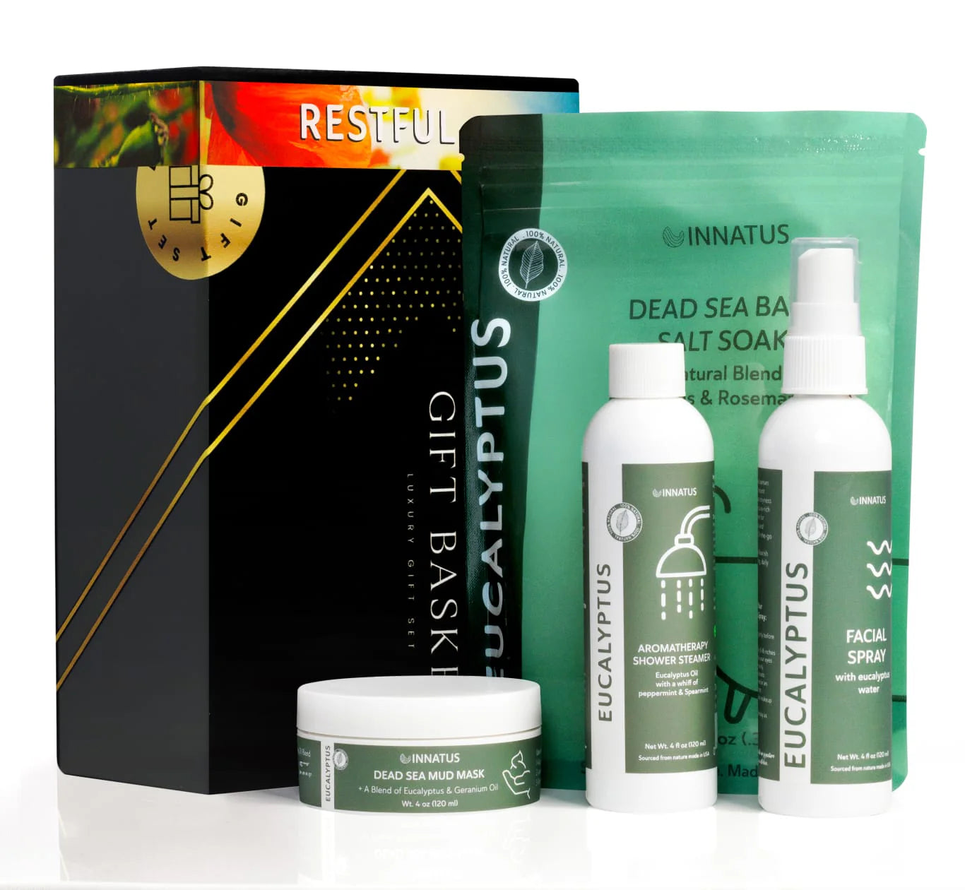 Luxury Dead Sea Spa Gift Set - Comprehensive Bath and Skincare Collection with Bath Salts, Mud Mask, Aromatherapy Shower Spray, and Eucalyptus Facial Mist for Ultimate Relaxation and Hydration - Ideal Gift for Both Men and Women
