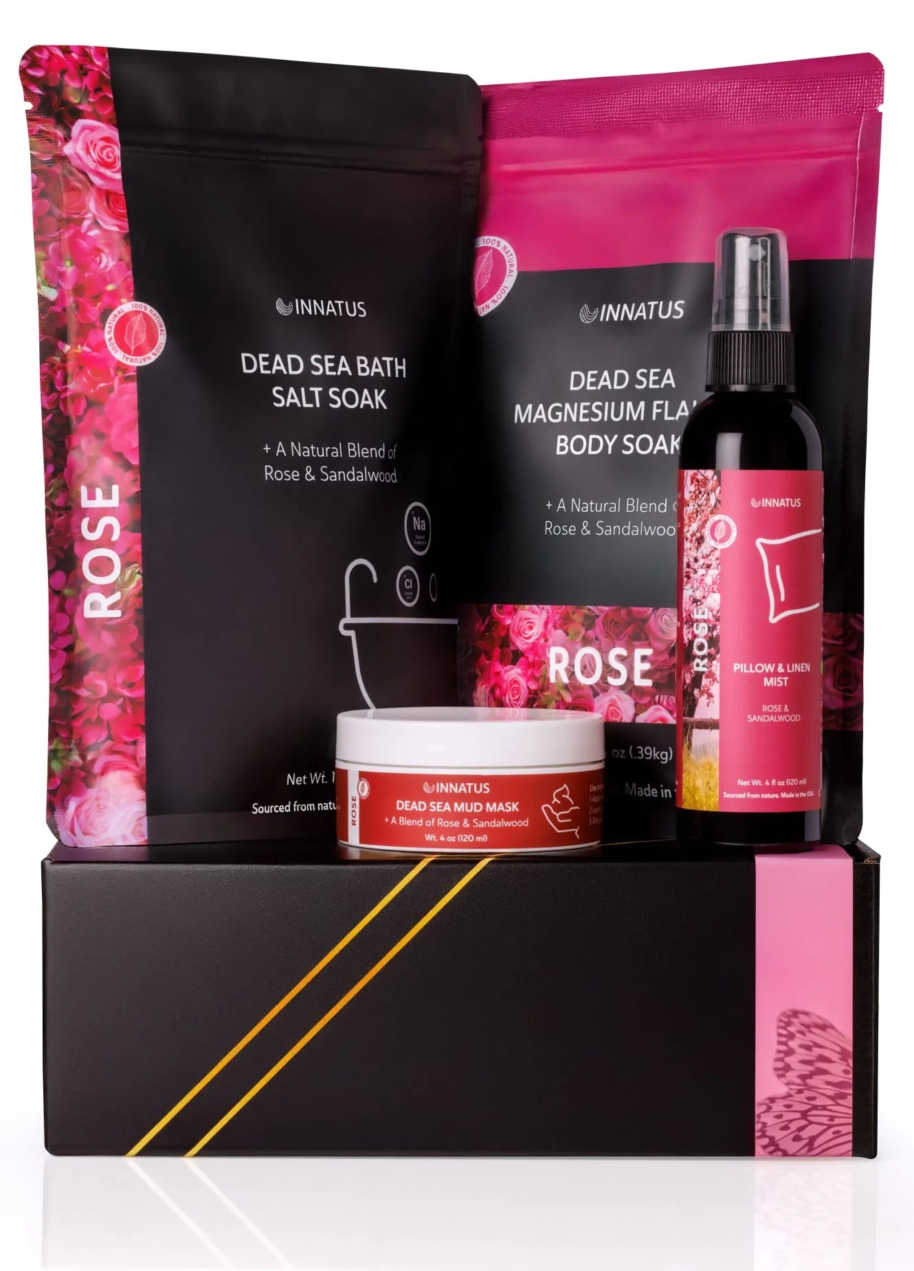 Luxury Dead Sea Spa Gift Set: Aromatherapy Kit with Bath Salt, Magnesium Flakes, Pillow & Linen Spray, and Mud Mask in Rose & Sandalwood for Relaxation, Hydration, and Skincare – Ideal Self-Care Gift