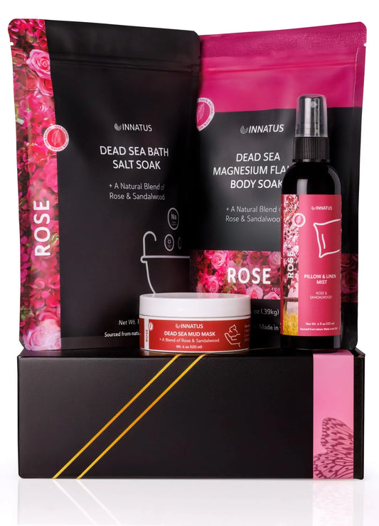 Luxury Dead Sea Spa Gift Set: Aromatherapy Kit with Bath Salt, Magnesium Flakes, Pillow & Linen Spray, and Mud Mask in Rose & Sandalwood for Relaxation, Hydration, and Skincare – Ideal Self-Care Gift